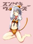  2010 animal_ears animal_print bad_id bad_pixiv_id barefoot bikini blush breasts feet highres medium_breasts necktie rosettastone sanya_v_litvyak short_hair silver_hair solo strike_witches swimsuit tail tiger_ears tiger_print tiger_tail world_witches_series 