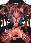  animal_ears animal_print aqua_hair armpits arms_up blade_(galaxist) blush bracelet cameltoe cat_ears earrings elbow_gloves fingerless_gloves fingernails flat_chest gloves highres jewelry kneeling long_fingernails long_hair mask navel original pointy_ears red_eyes scan shoes sneakers solo strap tail thighhighs tiger_print torn_clothes white_legwear 