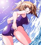  :p adjusting_clothes adjusting_swimsuit armpits ass bent_over breasts brown_eyes brown_hair cameltoe cloud day from_behind hair_ribbon kusui_aruta large_breasts lens_flare looking_back one-piece_swimsuit original outdoors purple_school_swimsuit ribbon school_swimsuit short_twintails sky solo sun swimsuit thighs tongue tongue_out twintails wading water 