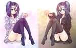  bad_id bad_pixiv_id dress_shirt feet glasses green_eyes open_clothes open_shirt original panties purple_hair shirt side_ponytail sleeves_past_wrists thighhighs underwear yoshida_inuhito 