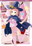  absurdres blonde_hair bow braid camisole cape copyright_request crescent hair_ornament hairclip hat heart highres kishida_mel lingerie navel open_mouth panties smile solo star thighhighs twin_braids underwear wand witch witch_hat yellow_eyes 