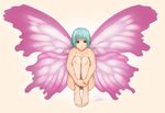  barefoot blue_hair butterfly_wings fairy feet green_eyes leg_hug nude original pink_wings pointy_ears short_hair signature simple_background sitting sketch solo wings yukihiro 