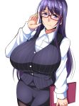  1girl bangs black_legwear blush breasts business_suit eyebrows_visible_through_hair formal glasses huge_breasts long_hair looking_at_viewer megane_man mole mole_under_mouth original pantyhose pencil_skirt purple_eyes purple_hair simple_background skirt sleeves_past_wrists smile solo suit vest white_background 