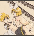  1girl aqua_eyes back bad_id bad_pixiv_id biting blonde_hair brother_and_sister caught finger_biting hair_ornament hair_ribbon hairclip headphones incest kagamine_len kagamine_rin m_eme open_clothes open_shirt panties ribbon shirt short_hair shorts siblings topless twincest twins underwear vocaloid 