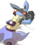  ambiguous_gender anthro bed_sheet bedding blush chest_spike cute_fangs fluffy looking_down lucario lying nintendo open_mouth paws pok&eacute;mon pok&eacute;mon_(species) shin_(artist) simple_background solo video_games 