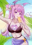  1575289660 1girl :p ahoge arknights arm_up bangs bikini black_bikini blue_sky breasts cleavage closed_mouth cloud day food hair_ornament hairclip hand_up head_wings highres holding holding_food long_hair looking_at_viewer manticore_(arknights) medium_breasts navel outdoors pink_hair pink_wings pointy_ears popsicle purple_eyes pyramid_(structure) sand sky smile solo swimsuit tongue tongue_out twintails very_long_hair water wings 