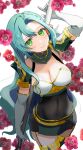  1girl absurdres aqua_hair armor black_dress blush breasts chloe_(fire_emblem) cleavage commentary_request covered_navel cowboy_shot dress elbow_gloves fire_emblem fire_emblem_engage flower gloves green_eyes highres large_breasts long_hair looking_at_viewer microdress mu_tu_bu pink_flower pink_lips shoulder_armor smile solo standing thighs very_long_hair white_background white_gloves 