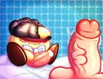  animal_genitalia bed big_penis blue_bow blue_eyes blush bodily_fluids boots brown_boots brown_clothing brown_footwear brown_shoes clothing cum footwear furniture genital_fluids genitals hat headgear headwear hi_res kirby kirby_(series) nervous nervous_smile nervous_sweat nintendo penis pink_background puffylover69 shoes simple_background sweat waddling_head white_bed yellow_body yellow_skin 