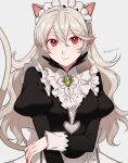  1girl alternate_costume animal_ears black_dress breasts brooch cat_ears cat_tail commentary corrin_(female)_(fire_emblem) corrin_(fire_emblem) dress enmaided fire_emblem fire_emblem_fates grey_background grey_hair highres jewelry juliet_sleeves large_breasts long_hair long_sleeves looking_at_viewer maid maid_headdress peach11_01 pointy_ears puffy_sleeves red_eyes simple_background smile solo tail upper_body very_long_hair 