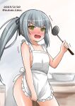  1girl apron apron_pull commentary_request contrapposto cowboy_shot dated embarrassed flat_chest grey_hair highres holding kamiya_tadato kantai_collection kasumi_(kancolle) kitchen ladle long_hair naked_apron one-hour_drawing_challenge side_ponytail solo twitter_username white_background yellow_eyes 
