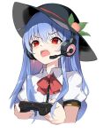  1girl absurdres bangs black_headwear blue_hair commentary_request controller cropped_torso food fruit game_controller headset highres hinanawi_tenshi holding holding_controller holding_game_controller leaf long_hair open_mouth peach red_eyes simple_background solo tearing_up tetsurou_(fe+) touhou white_background 