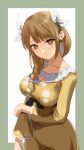  1girl absurdres border breasts brown_eyes brown_hair collarbone commentary_request cowboy_shot dress fire_emblem fire_emblem_engage goldmary_(fire_emblem) grey_border hair_ribbon highres large_breasts long_hair long_sleeves looking_at_viewer mu_tu_bu outside_border ribbon smile solo standing white_background white_ribbon yellow_dress 