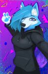  absurd_res anthro blessy blue_body blue_hair breasts canid canine canis digital_drawing_(artwork) digital_media_(artwork) domestic_dog female female/female fluffy fur furgonomics furry hair hi_res hybrid mammal narrowed_eyes nose paws pockyco portrait purple_eyes selfie snout solo white_body white_fur wolf 
