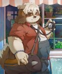  2023 anthro belly big_belly bottomwear brown_body camera canid canine canis clothing detailed_background domestic_dog hi_res kemono male mammal morain_xs overweight overweight_male pants shirt solo topwear 