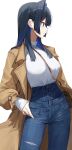  1girl bag black_hair blue_eyes blue_pants breasts brown_coat coat colored_inner_hair cowboy_shot denim expressionless gnns hair_intakes high-waist_pants highres hololive hololive_english long_hair long_sleeves medium_breasts multicolored_hair open_clothes open_coat ouro_kronii pants profile shirt shirt_tucked_in shoulder_bag simple_background solo standing torn_clothes torn_pants virtual_youtuber white_background white_shirt wing_collar 