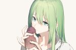  1other androgynous bangs closed_mouth clothed_sex enkidu_(fate) erection eyes_visible_through_hair fate/grand_order fate_(series) green_eyes green_hair hair_between_eyes handjob kaimuari kissing_penis light_smile long_hair looking_at_viewer other_focus penis portrait pov robe simple_background solo straight_hair two-handed_handjob veins veiny_penis white_background white_robe 