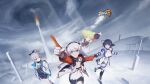  &gt;_&lt; 4girls ahoge ai-chan_(honkai_impact) bad_source bangs bronya_zaychik drill_hair gloves green_hair grey_hair highres holding holding_hands honkai_(series) honkai_impact_3rd jacket kiana_kaslana kiana_kaslana_(white_comet) logo multiple_girls official_art pointing raiden_mei raiden_mei_(valkyrie_bladestrike) smile tower white_hair 