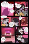  absurd_res bedroom blush canid canine canis clothing coach_dale comic detailed_background dialogue felid gradient_background hat headgear headwear hi_res kissing lion mammal mirror pantherine simple_background size_difference thekinkybear wolf 