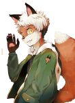  2020 absurd_res anthro canid canine clothed clothing dipstick_tail eyebrows fingerpads fox fur gesture green_clothing green_jacket green_topwear hair half-length_portrait hand_in_pocket hi_res hood jacket looking_at_viewer male mammal markings open_clothing open_jacket open_topwear orange_body orange_fur pawpads pockets portrait pupils raised_arm raised_tail side_view simple_background slit_pupils smile snaggle_tooth solo standing tail tail_markings topwear waving waving_at_viewer white_background white_body white_eyebrows white_fur white_hair yellow_eyes yrac 