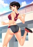  1girl ass black_hair blue_sky building cloud day from_behind highres kuri_(kurigohan) looking_at_viewer looking_back multicolored_buruma original outdoors red_eyes running short_hair sky solo sports_bikini sports_bra 