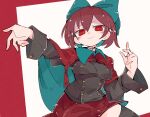  1girl bandaid bandaid_on_neck bangs black_skirt blue_bow bow breasts cape closed_mouth hair_bow highres looking_at_viewer massakasama red_background red_cape red_eyes red_hair red_skirt sekibanki short_hair skirt smile solo touhou two-tone_background white_background 