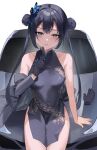  1girl absurdres bare_shoulders black_dress black_gloves black_hair blue_archive blush breasts butterfly_hair_ornament car china_dress chinese_clothes coat coat_partially_removed collarbone commentary covered_navel double_bun dragon_print dress feet_out_of_frame gloves gloves_removed grey_coat grey_eyes ground_vehicle hair_bun hair_ornament hand_up highres index_finger_raised kisaki_(blue_archive) leaning_against_vehicle long_hair looking_at_viewer motor_vehicle nimiru_namire open_mouth pelvic_curtain pinstripe_pattern print_dress short_dress side_slit sleeveless sleeveless_dress small_breasts solo straight-on striped twintails vertical-striped_coat white_background 