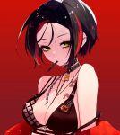  1girl bare_shoulders black_eyeshadow black_hair breasts broken broken_chain chain collar collarbone crow_(nikke) ear_piercing eyeshadow goddess_of_victory:_nikke green_eyes highres looking_to_the_side makeup mouth_hold multicolored_hair open_clothes piercing red_background rinjelli simple_background solo studded_bikini tattoo two-tone_hair unamused upper_body 