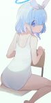  1girl arona_(blue_archive) bangs bare_arms bare_legs bare_shoulders barefoot blue_archive blue_eyes blue_hair blunt_bangs chair commentary eyes_visible_through_hair from_behind hair_over_one_eye hairband halo highres hiroki_(yyqw7151) light_blue_hair looking_at_viewer looking_back one-piece_swimsuit short_hair simple_background sitting sitting_backwards solo swimsuit white_background white_hairband white_one-piece_swimsuit 