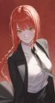  1girl @_@ black_jacket black_necktie black_pants braid chainsaw_man closed_mouth cowboy_shot formal hiera12 highres jacket long_hair looking_at_viewer makima_(chainsaw_man) necktie pants red_background red_hair shirt shirt_tucked_in sidelocks single_braid solo suit white_shirt yellow_eyes 