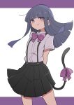  1girl arms_behind_back black_skirt blue_hair blush bow bowtie cat_tail collarbone commentary_request furude_rika highres higurashi_no_naku_koro_ni long28 long_hair looking_at_viewer pleated_skirt purple_bow purple_bowtie purple_eyes shirt skirt solo suspender_skirt suspenders tail tail_bow tail_ornament white_shirt 