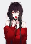  1girl :&lt; animal_ears bangs bare_shoulders black_choker black_hair black_ribbon bra bra_peek breasts candy choker cleavage closed_mouth commentary fake_animal_ears fingernails food grey_background hair_between_eyes hair_bun hand_up heart highres holding holding_candy holding_food holding_lollipop lollipop long_hair looking_at_viewer naru_(ul) off-shoulder_sweater off_shoulder one_eye_closed original red_eyes red_sweater ribbon ribbon_choker simple_background single_side_bun sleeves_past_wrists solo straight-on sweater symbol-only_commentary underwear upper_body very_long_hair 