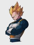  1boy armor blonde_hair bodysuit commentary_request crossed_arms dragon_ball dragon_ball_z gloves green_eyes grey_background kemachiku looking_ahead male_focus serious solo spiked_hair super_saiyan super_saiyan_1 upper_body vegeta white_gloves 