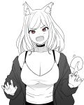  1girl :d animal_ears bangs bare_shoulders breasts cat_ears cat_tail choker claw_pose cleavage copyright_request fangs h2o_(ddks2923) highres jacket large_breasts off_shoulder open_clothes open_jacket red_eyes shirt smile solo spot_color swept_bangs tail upper_body 