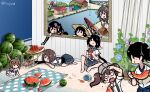  6+girls animal barefoot black_gloves black_hair blue_flower blue_sailor_collar blue_skirt blush_stickers brown_hair closed_eyes closed_mouth crab dress eating elbow_gloves fingerless_gloves flower food fruit furutaka_(kancolle) gloves hairband haruna_(kancolle) haruna_kai_ni_(kancolle) hat headgear holding holding_food holding_fruit indoors kaga_(kancolle) kako_(kancolle) kantai_collection long_hair morning_glory multiple_girls nachi_(kancolle) neckerchief open_mouth pleated_skirt purple_flower rabbit red_neckerchief ryuujou_(kancolle) sailor_collar sailor_dress school_uniform sendai_(kancolle) sendai_kai_ni_(kancolle) serafuku short_hair short_sleeves side_ponytail single_elbow_glove skirt smile sun_hat terrajin twintails twitter_username two_side_up visor_cap watermelon watermelon_slice white_dress yukikaze_(kancolle) 