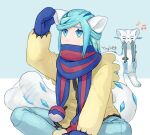  1boy arm_up blue_eyes blue_mittens blue_scarf chien-pao commentary_request eyelashes green_hair grusha_(pokemon) jacket long_sleeves looking_up male_focus musical_note pants poke_ball_print pokemon pokemon_(creature) pokemon_(game) pokemon_ears pokemon_sv pokemon_tail scarf scarf_over_mouth signature sitting striped striped_scarf tail yellow_jacket yuu_(hguy_sv) 