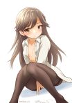  1girl arashio_(kancolle) black_pantyhose brown_eyes brown_hair collared_shirt commentary_request dress_shirt feet_out_of_frame flat_chest kantai_collection long_hair looking_at_viewer one-hour_drawing_challenge open_clothes open_shirt pantyhose ray.s shirt simple_background sitting solo thighband_pantyhose white_background white_shirt 