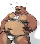  2023 anthro bear belly big_belly brown_body brown_fur bulge clothing crentonigen ear_piercing ear_ring eyes_closed fur hi_res humanoid_hands laugh male mammal moobs navel nipples overweight overweight_male piercing ring_piercing shirt solo topwear underwear 