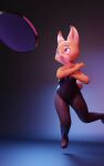  2023 3d_(artwork) buckteeth bunny_costume clothing costume countershade_face countershade_torso countershading crossed_arms digital_media_(artwork) eyebrows fur hi_res lagomorph legwear leporid looking_away looking_up mammal nylons open_mouth orange_body orange_fur purple_eyes rabbit raised_arms raised_leg scut_tail short_tail standing stockings tail teeth tohupo tongue wide_hips 