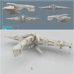  3d commentary concept_art eve_online frigate_(eve_online) from_behind from_side full_body grey_theme highres military military_vehicle original pinarci science_fiction shadow size_comparison spacecraft standing t-pose vehicle_focus 