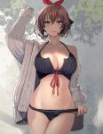  1girl arm_up bikini bikini_bottom_pull bikini_under_clothes black_bikini breasts brown_hair cardigan cleavage collarbone commentary_request front-tie_top green_eyes grey_cardigan hair_between_eyes hairband highres kantai_collection kasumi_(skchkko) large_breasts looking_at_viewer mutsu_(kancolle) navel open_cardigan open_clothes parted_lips pulled_by_self red_hairband short_hair sleeves_past_wrists smile solo swimsuit 