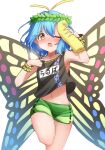  1girl antennae aqua_hair bangs blush butterfly_wings collarbone eternity_larva fairy hair_between_eyes highres holding holding_towel name_tag navel official_alternate_costume one_eye_closed open_mouth short_hair simple_background solo touhou touhou_lost_word towel white_background wings wrist_cuffs yellow_eyes yu_cha 