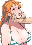  1boy 1girl after_fellatio bangs bare_shoulders bikini blush breasts cleavage collarbone cum cum_in_mouth cum_on_tongue earrings grabbing_another&#039;s_chin green_bikini h2o_(ddks2923) hand_on_another&#039;s_chin highres huge_breasts jewelry long_hair looking_up nami_(one_piece) one_piece orange_eyes orange_hair shiny_skin solo_focus stray_pubic_hair striped striped_bikini swimsuit white_bikini 