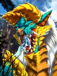  blue_body capcom dead.akira dragon duo fanged_wyvern feral fur hi_res horn male male/male monster monster_hunter open_mouth oral_vore portrait predator_(disambiguation) shaded vore widescreen wolfie-feral zinogre 