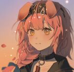 1girl animal_ears arknights black_collar black_hairband black_jacket blue_bow bow braid cat_ears closed_mouth collar collarbone commentary_request goldenglow_(arknights) hair_bow hair_over_shoulder hairband hehe553756 highres jacket lightning_bolt_print long_hair orange_eyes petals pink_hair portrait print_hairband signature single_braid solo 
