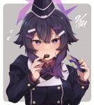  1girl blue_archive blush chocolate collared_shirt dated food garrison_cap hair_ornament hairclip halo haruka_(blue_archive) hat highres holding holding_chocolate holding_food jacket juliet_sleeves konntena long_sleeves looking_at_viewer medium_hair puffy_sleeves purple_eyes purple_hair purple_jacket red_shirt shirt solo sweatdrop valentine 