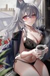  1girl absurdres animal_ears black_bra black_jacket black_panties bra breasts cleavage closed_mouth coffee_mug collarbone cup fox_ears grey_hair highres holding holding_cup jacket jacket_on_shoulders kawachi_rin lace-trimmed_bra lace_trim large_breasts lingerie long_hair looking_at_viewer mug navel original panties pink_eyes side-tie_panties sitting smile solo stomach string_bra string_panties thighs underwear wing_collar 