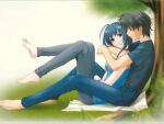  1boy 1girl artist_request black_hair blue_hair character_request copyright_request from_side grass grey_eyes happy long_hair non-web_source on_grass short_hair sitting smile tree 