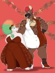  anthro bear big_breasts blue_eyes breasts brown_body brown_eyes brown_fur bulge canid canine canis chubby_female cleavage clothed clothing colored_nails crescent_moon domestic_dog dress duo ear_tuft ears_up female footwear frohawk fur fur_markings gold_(metal) hair hair_up hi_res high_heels highlights_(coloring) holidays hybrid hyena larger_male male mammal manna-mint markings moon mr.hakkai musclegut muscular muscular_male nails overweight overweight_female pink_nose poodle red_hair romantic romantic_couple simple_background size_difference smaller_female smile split_color spots spotted_body spotted_fur tied_hair tuft white_body white_fur wide_hips 