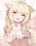  1girl :p ahoge animal_ear_fluff animal_ears bangs bell belt belt_buckle between_breasts blonde_hair blush bow bra breasts buckle cardigan cat_ears cat_girl cat_tail checkered_clothes checkered_skirt choker cleavage cleavage_cutout clothing_cutout collarbone fang frilled_bra frills hair_ornament heart heart_ahoge heart_cutout heart_o-ring highres indoors jingle_bell kemomimi_refle! large_breasts lingerie long_hair long_sleeves looking_at_viewer miniskirt mole mole_under_eye neck_bell nekoma_karin o-ring o-ring_thigh_strap open_belt open_cardigan open_clothes open_mouth open_shirt pink_cardigan pink_ribbon pink_shirt red_eyes ribbon saliva shirt shoulder_belt sitting skirt smile solo sorotu strap_between_breasts tail tail_ornament tail_ribbon thigh_strap thighs tongue tongue_out underwear v virtual_youtuber white_belt white_choker wing_hair_ornament 