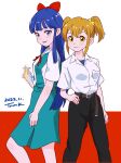  2girls :3 absurdres bangs belt black_pants blue_eyes blue_hair blue_skirt blue_undershirt bow brown_belt censored collared_shirt commentary cosplay dated dot_nose hair_bow hair_ornament hair_scrunchie hand_on_hip highres ikari_shinji ikari_shinji_(cosplay) long_hair middle_finger miyamura_yuuko mosaic_censoring multiple_girls neck_ribbon neon_genesis_evangelion ogata_megumi open_mouth orange_hair pants pipimi pleated_skirt poptepipic popuko red_background red_bow red_ribbon ribbon school_uniform scrunchie shirt short_hair short_twintails sidelocks signature simple_background skirt souryuu_asuka_langley souryuu_asuka_langley_(cosplay) suspender_skirt suspenders tokyo-3_middle_school_uniform tsunemoku twintails two-tone_background two_side_up undershirt voice_actor_connection white_background white_shirt wing_collar yellow_eyes yellow_scrunchie 